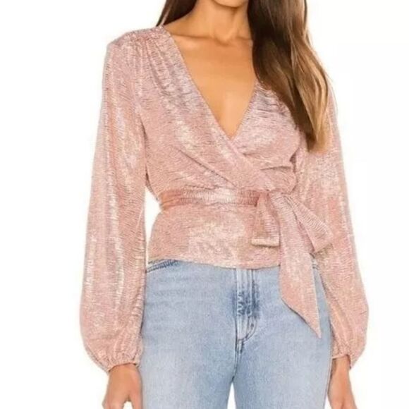 NBD x Revolve Blush Pink Metallic Wrap Baby Doll Blouse top women’s Small - Picture 1 of 10
